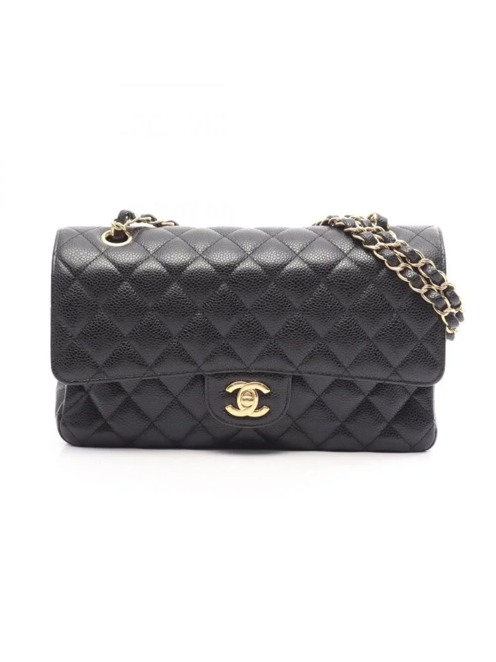 Chanel Shoulder Bag Quilted Double Flap Black Caviar Leather Chain